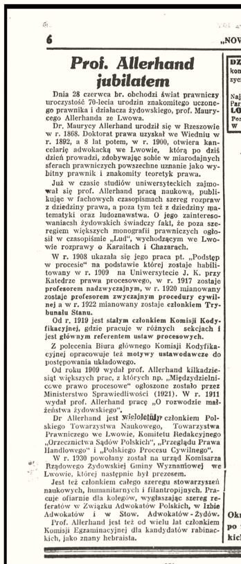 „Prof. Allerhand jubilatem” — artykuł w „Nowym Dzienniku” z 28 czerwca 1938 r., w dniu 70. urodzin uczonego.