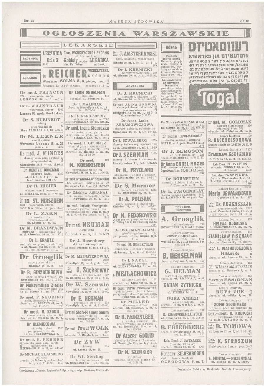 „Gazeta Żydowska”, 6 grudnia 1940: ogłoszenia lekarzy przesiedlonych do getta — wśród nich dentysta Stanisław Fiszhaut, Sienna 38.