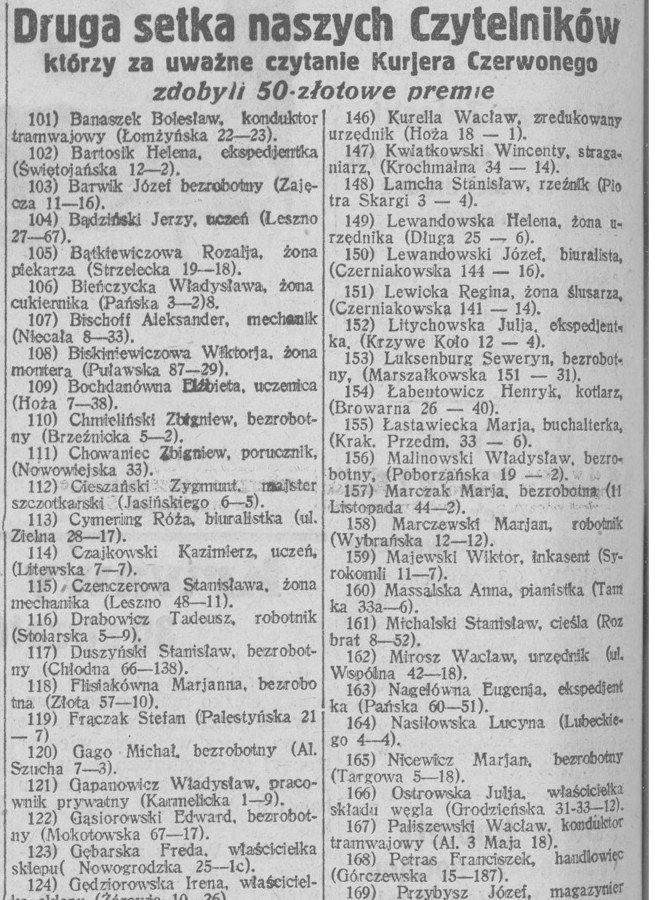„Express Poranny”, nr 66 [1927]: „Druga setka naszych
Czytelników, którzy za uważne czytanie Kurjera Czerwonego zdobyli
50-złotowe premie” — poz. 120: „Gago Michał, bezrobotny (Al. Szucha
7—3)”.