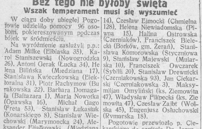 „Express Poranny”, 29 maja 1928: „Bez tego nie byłoby święta” —
lista poszkodowanych w świątecznych bójkach, wśród nich „Michał Gago
(Freta 53)”.