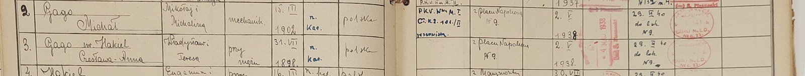 Karta lokalu nr 22 (s. 134), poz. 2–3: Michał Gago, mechanik, ur.
15 III 1902, i Czesława Anna Gago z Hakielów, ur. 31 VII 1898 — oboje „z
placu Napoleona Nr 9”, zameldowani 2 V 1938, wymeldowani 29 IV 1940 „do
lok. Nr 9”. Archiwum Państwowe w Warszawie.