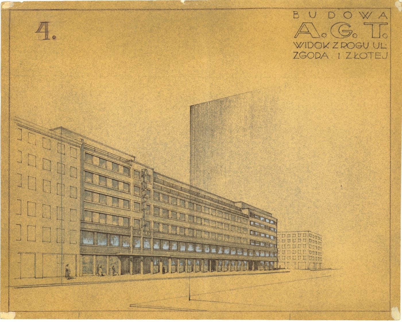 Plansza projektowa „Budowa A.G.T.” – widok całego zamierzenia z rogu ulic Zgody i Złotej (pracownia arch. Edwarda Ebera). Zrealizowano jedynie skrzydło widoczne po lewej stronie rysunku. Zbiory projektu.