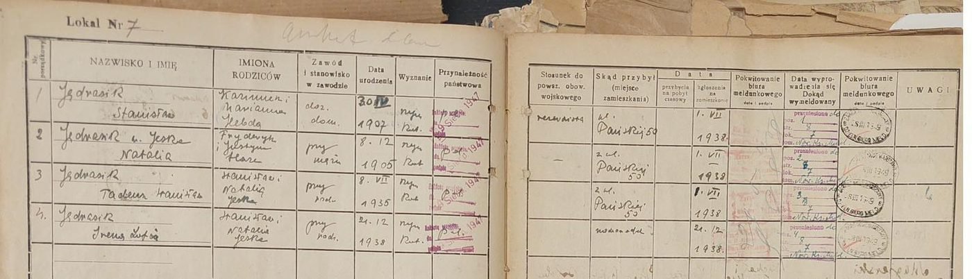 Karta księgi meldunkowej lokalu nr 7 przy Złotej 7 z wpisami czworga Jędrasików (księga odtworzona po wojnie). Zbiory projektu.