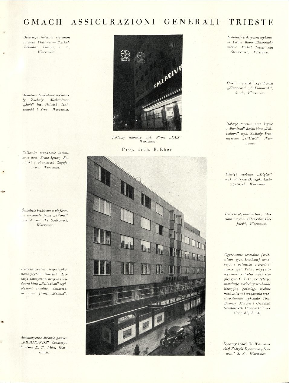 Strona „Arkad” („Arkady”, R. III, 1937, nr 11–12, s. 665–666) poświęcona gmachowi Assicurazioni Generali – z fotografiami i wykazem wykonawców instalacji. Zbiory projektu.