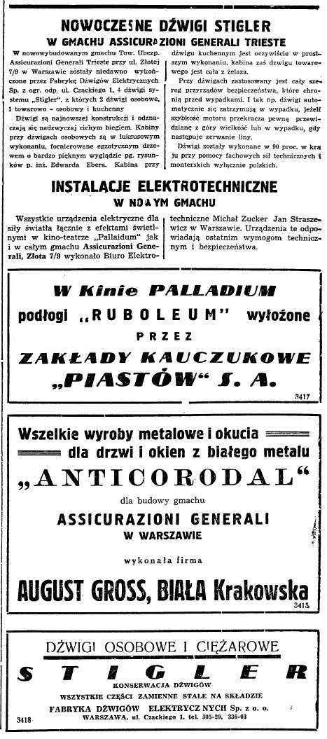 Prasa techniczna z 1937 r. o dźwigach „Stigler”, instalacjach
elektrycznych i okuciach z „Anticorodalu” w gmachu. Wycinek ze zbiorów
projektu.