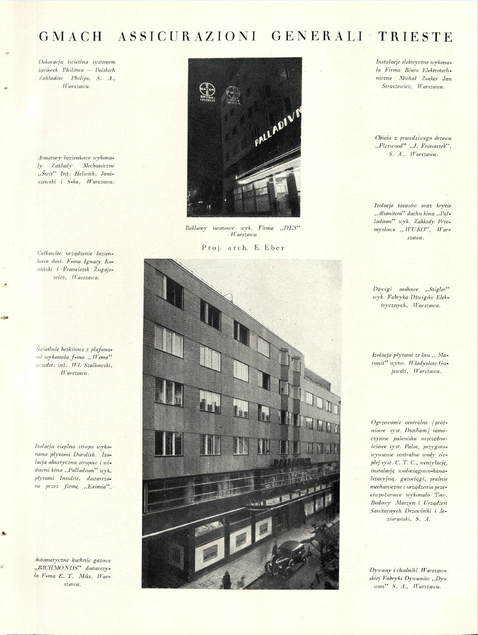 Strona „Arkad” (R. III, 1937, nr 11–12, s. 665–666) poświęcona
gmachowi Assicurazioni Generali – z fotografiami i wykazem wykonawców
instalacji. Zbiory projektu.