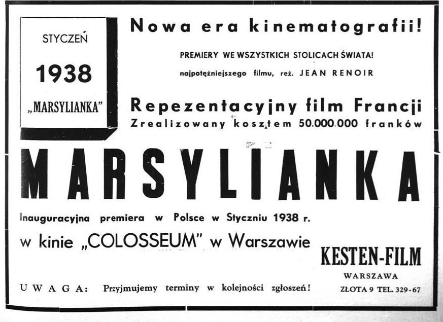 „Wiadomości Filmowe", 15 XI 1937 — pierwsza uchwycona reklama z adresem Złota 9.