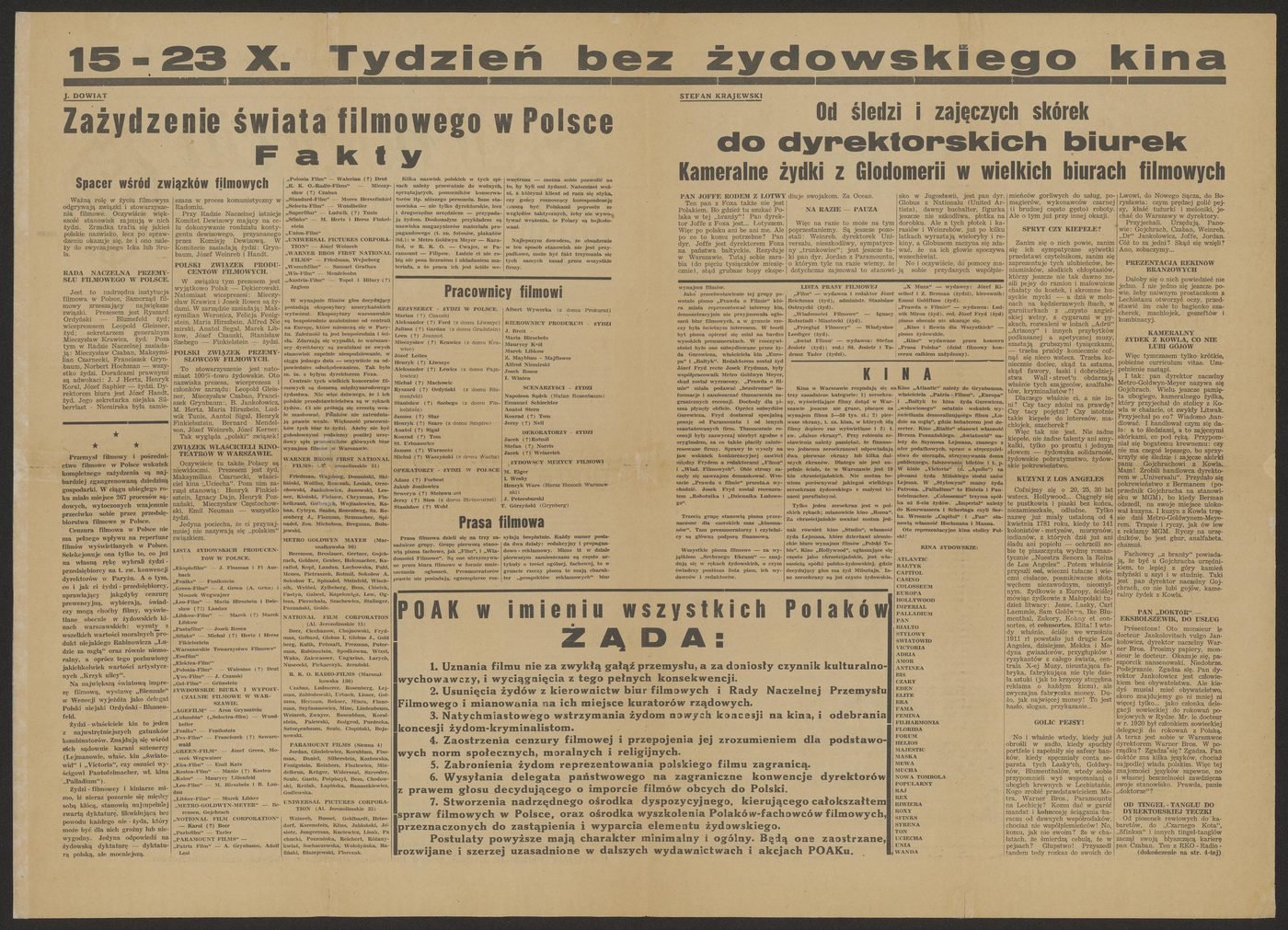 Jednodniówka POAK „W natarciu" (Warszawa, październik 1938; na okładce błędnie odbity rok „1939") — wydana na akcję „Tygodnia bez żydowskiego kina" 15–23 X 1938; wewnątrz wykazy kin i firm oraz artykuł „Zażydzenie świata filmowego w Polsce — Fakty"; w wykazie warszawskich biur wymieniony wprost: „«Kesten-Film» — Manio (?) Kesten". Ze zbiorów projektu.