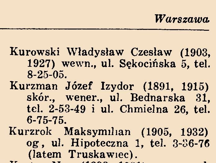 Rocznik Lekarski Rzeczypospolitej Polskiej, dział „Warszawa”. Liczby w nawiasie to rok urodzenia i rok dyplomu: 1905 i 1932. Adnotacja „(latem Truskawiec)” opisuje w trzech słowach rytm jego życia zawodowego.