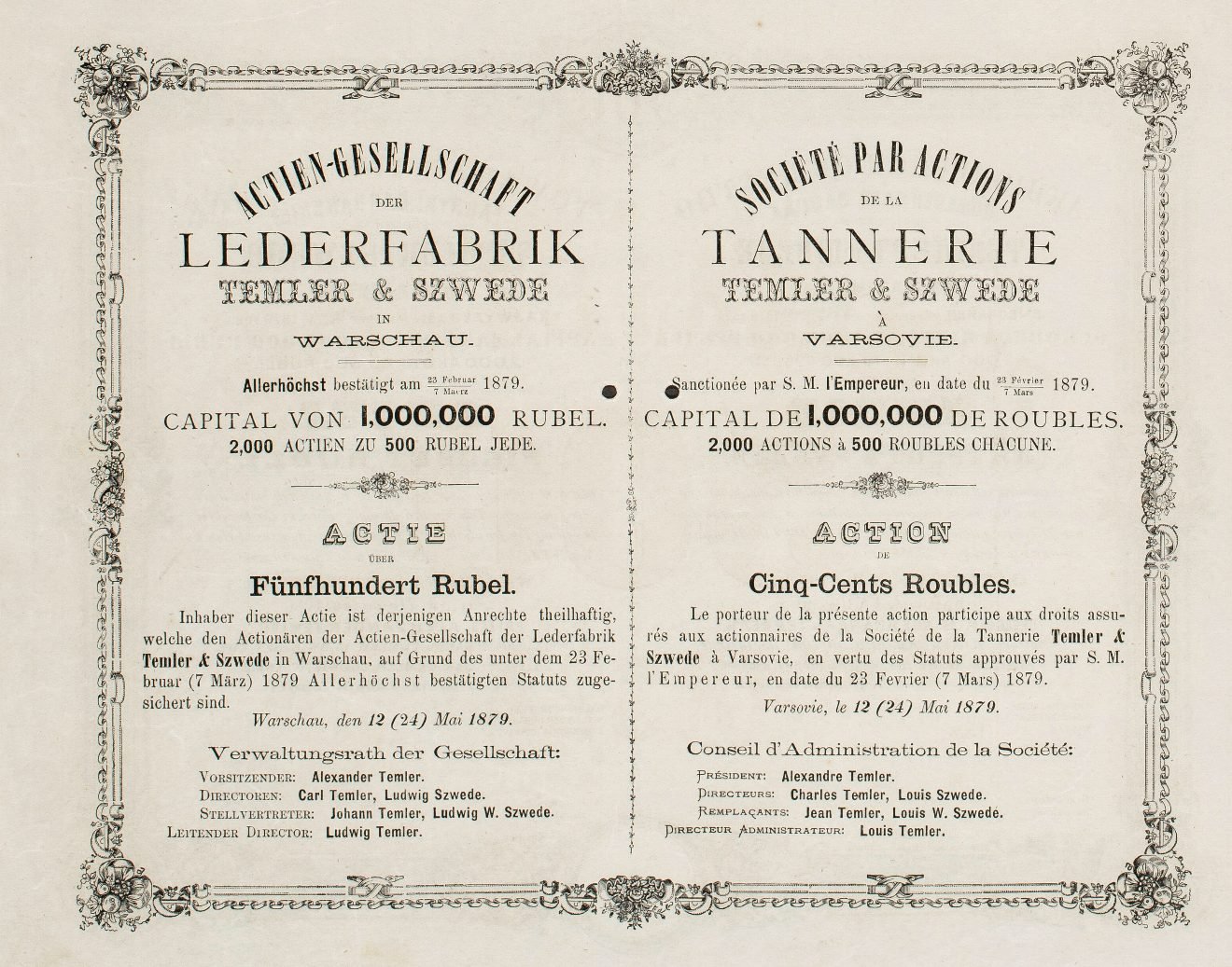 Rewers tej samej akcji — wersje niemiecka („Actien-Gesellschaft der Lederfabrik Temler & Szwede in Warschau”) i francuska („Société par Actions de la Tannerie Temler & Szwede à Varsovie”), ze statutem „sanctionné par S.M. l’Empereur”. Cztery języki jednego papieru — miara zasięgu firmy eksportującej do Cesarstwa, Niemiec i Anglii.