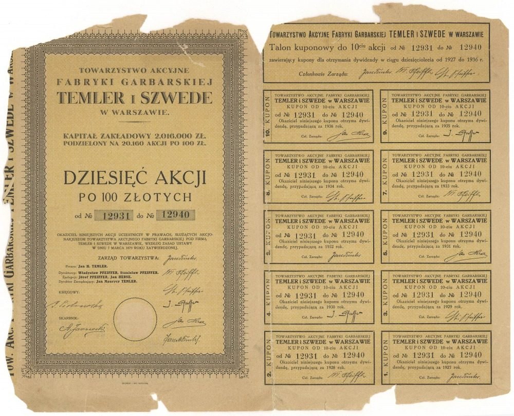 Akcja zbiorowa (10 akcji po 100 zł, nr 12931–12940) Towarzystwa Akcyjnego Fabryki Garbarskiej „Temler i Szwede” — awers oraz talon z kuponami dywidendowymi na lata 1927–1936; kapitał zakładowy 2 016 000 zł w 20 160 akcjach. W wydrukowanym składzie zarządu: prezes Jan H. Temler, dyrektorzy Władysław i Stanisław Pfeifferowie, zastępcy Józef Pfeiffer i Jan Herse, dyrektor zarządzający Jan Maurycy Temler, którego podpis widnieje wśród sygnatur.
