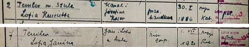 Poz. 2 i poz. 7 księgi meldunkowej domu przy Złotej 7, lokal nr 10: „Temler m. Szulc Zofia Henrietta” i „Temler Zofia Janina” — dwa wiersze, od których zaczęła się ta opowieść. Archiwum Państwowe w Warszawie
