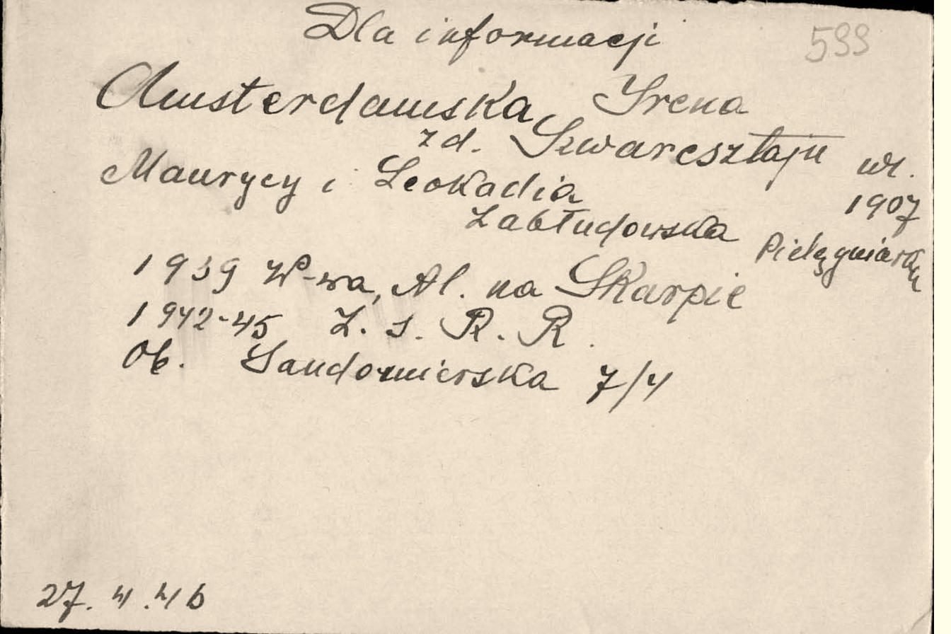 Karta rejestracyjna Ireny Amsterdamskiej w Centralnym Komitecie Żydów w Polsce, 27 kwietnia 1946 r.