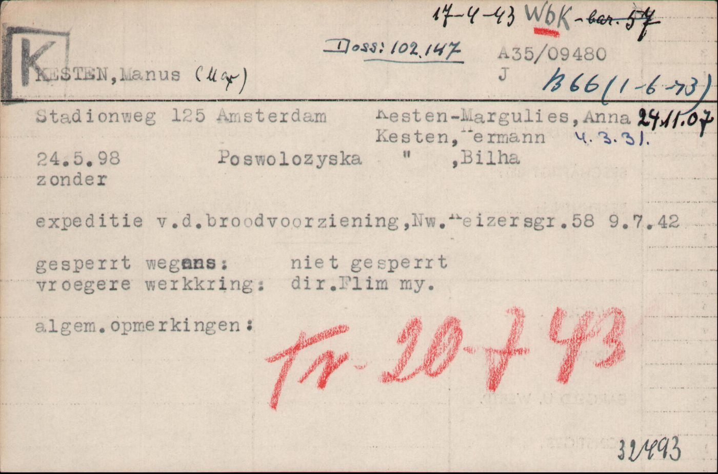 Karta kartoteki Rady Żydowskiej / obozu Westerbork: „Kesten, Manus (Max)", ur. 24 V 1898 w Podwołoczyskach, „vroegere werkkring: dir. Film my." — dawny zawód: dyrektor przedsiębiorstwa filmowego. Czerwona adnotacja „Tr. 20-7-43" — transport do Sobiboru.
