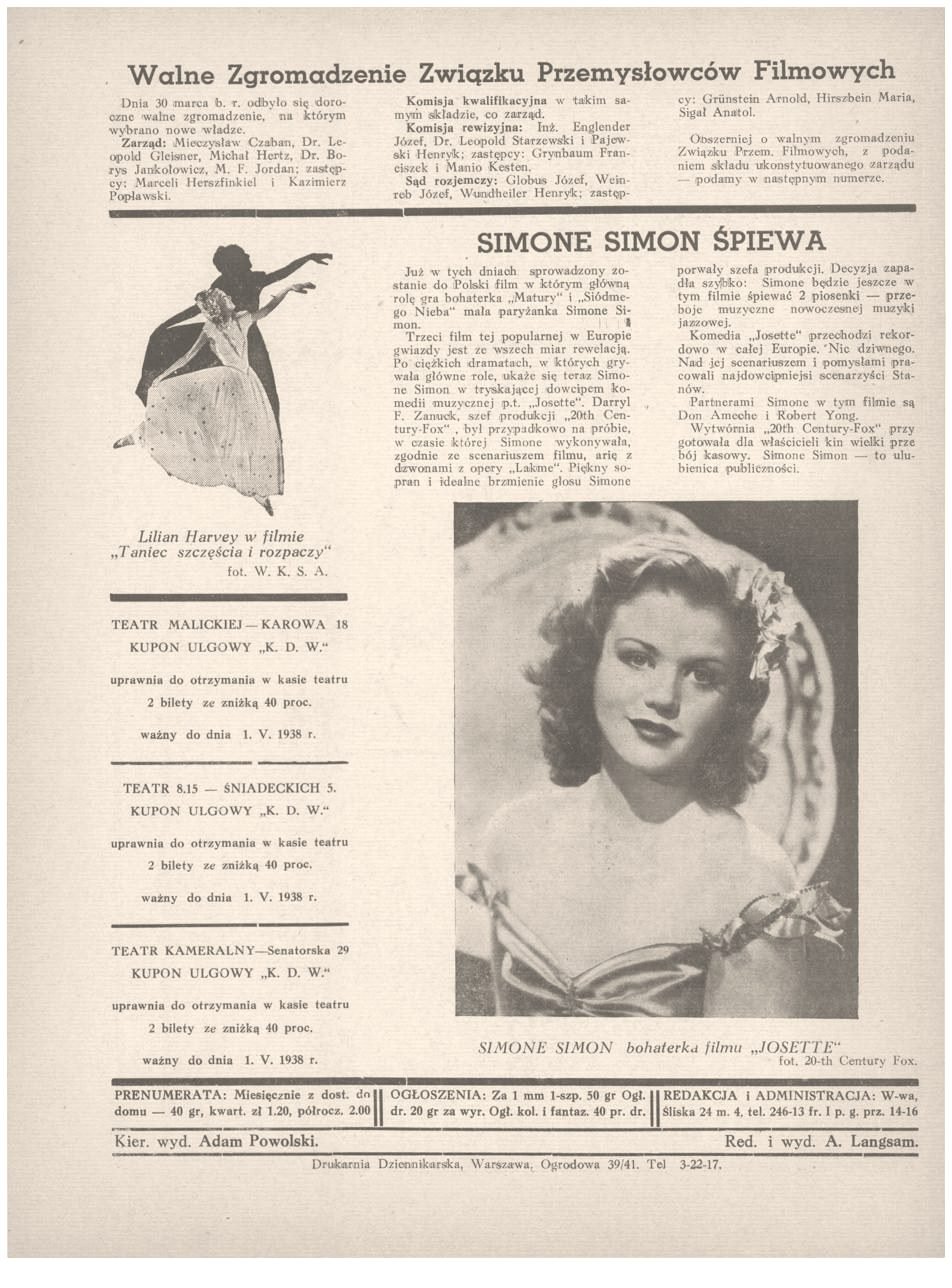 „Kino dla Wszystkich i Teatr”, 15 kwietnia 1938 r.: „…zastępcy: Grynbaum Franciszek i Manio Kesten”.