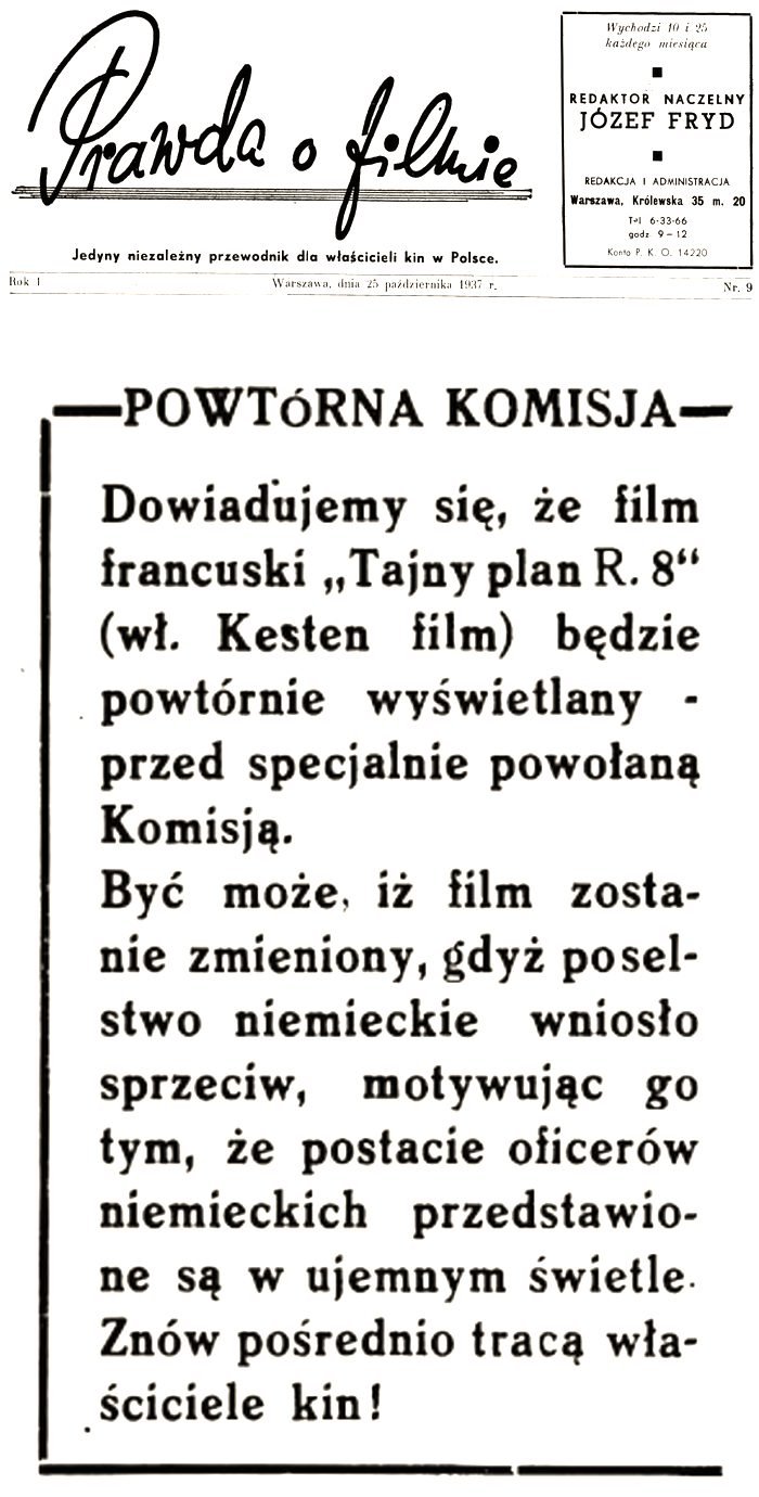 „Prawda o filmie", 25 października 1937 r.: notatka „Powtórna komisja" o niemieckim proteście przeciw filmowi „Tajny plan R. 8" (wł. Kesten-Film).