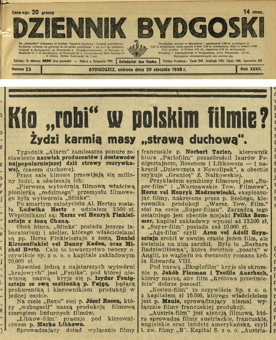 „Dziennik Bydgoski", 29 stycznia 1938 r.: „Kto »robi« w polskim filmie?" — wśród wymienionych imiennie firm „Kesten-film" i „p. Manio".