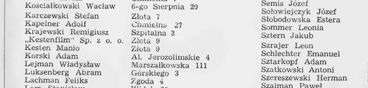 Obwieszczenie Zarządu Miejskiego z 23 lipca 1940 r. (Dziennik Obwieszczeń Miasta Warszawy, 1940): „»Kestenfilm« Sp. z o.o. — Złota 9” i „Kesten Manio — Złota 9” wśród podatników, których urząd nie umiał już odnaleźć.