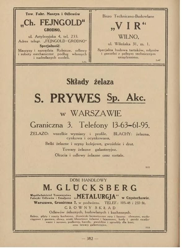 Reklama prasowa z lat dwudziestych: „Składy żelaza S. Prywes Sp. Akc. w Warszawie, Graniczna 3, telefony 13-63, 61-65, 97-27”. Zbiory projektu.