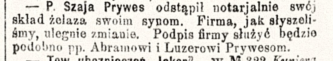 „Kurjer Warszawski”, 27 XI 1902, rubryka „Informacje”: notarialne przekazanie składu żelaza synom — Abramowi i Luzerowi. Zbiory projektu.