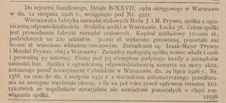 Ogłoszenie rejestrowe Warszawskiej Fabryki Narzędzi Stalowych B-cia I. i M. Prywes — wpis nr 4521 z 12 VIII 1926 r.: zarządcy Izaak-Majer i Mendel Prywes, akt not. Cybulskiego.